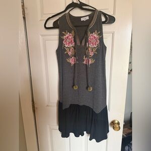 THML Gray and Black Dress with Pink Floral Embroidery